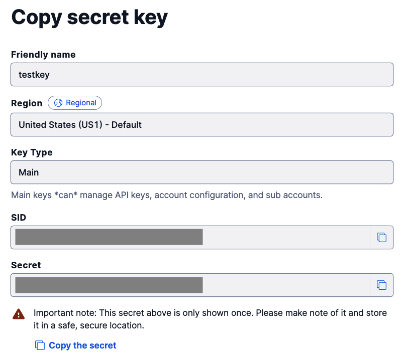 Copying the Twilio API key Copying the Twilio API key