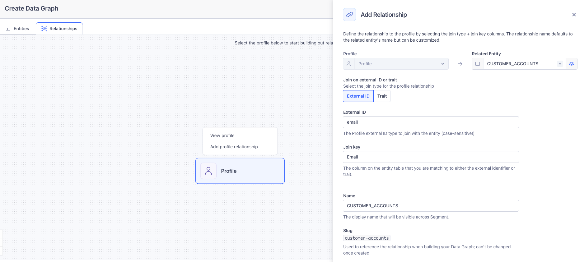 The side window that opens when adding a profile to entity relationship